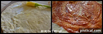 Spreading pizza sauce and adding parmesan cheese to the pizza dough.