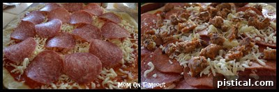 Layering salami, pepperoni, mozzarella cheese, and cooked sausage on the pizza.