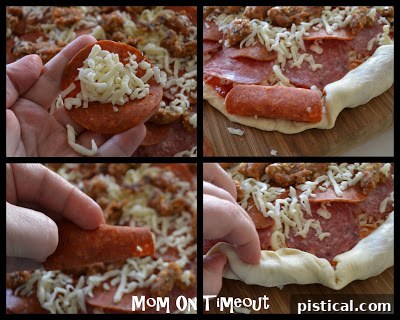 Rolling meat and cheese into the pizza crust for a stuffed edge.