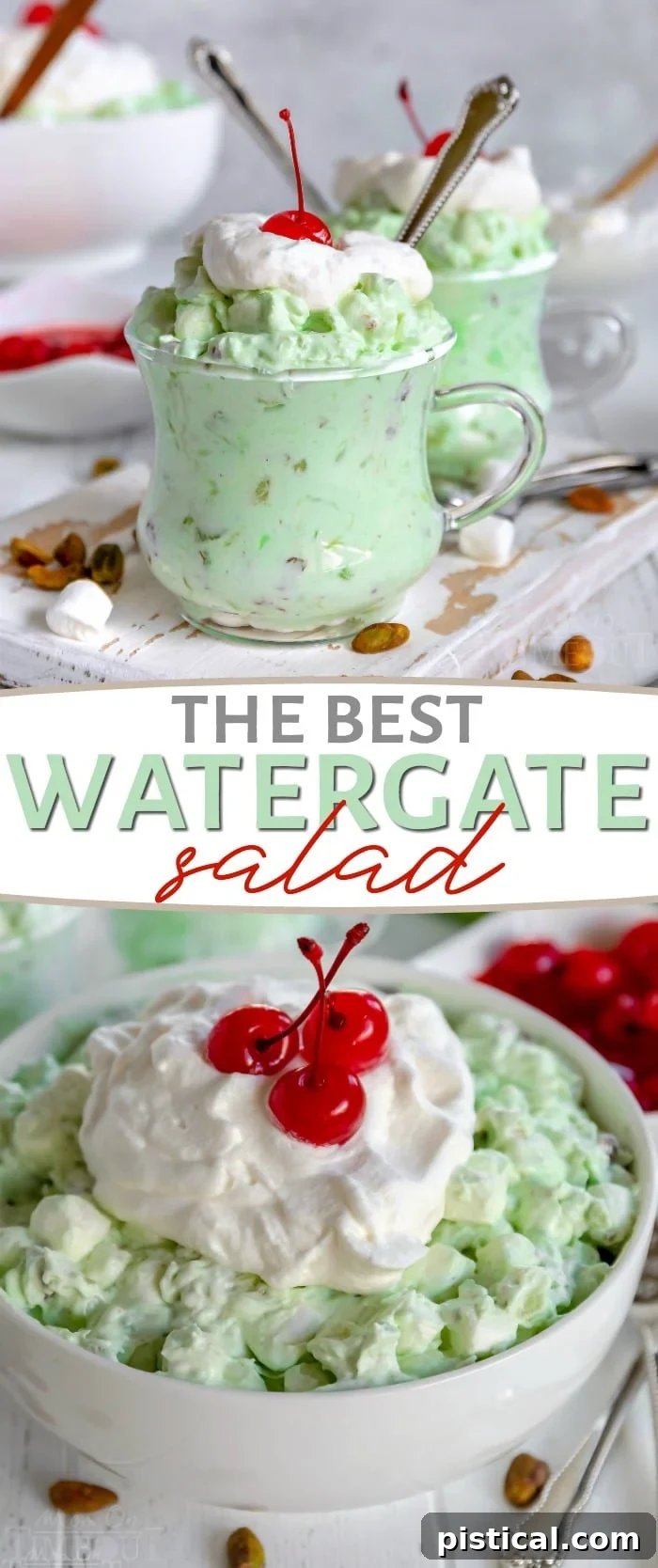 A collage displaying various delightful aspects of the easy Watergate Salad recipe, from ingredients to finished dish.