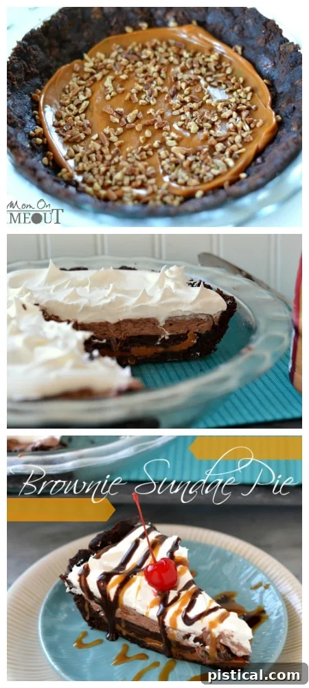 Pin This Easy Brownie Sundae Pie Recipe Brownie Sundae Pie with a cherry on top, featuring a 'Pin It' overlay for Pinterest sharing.