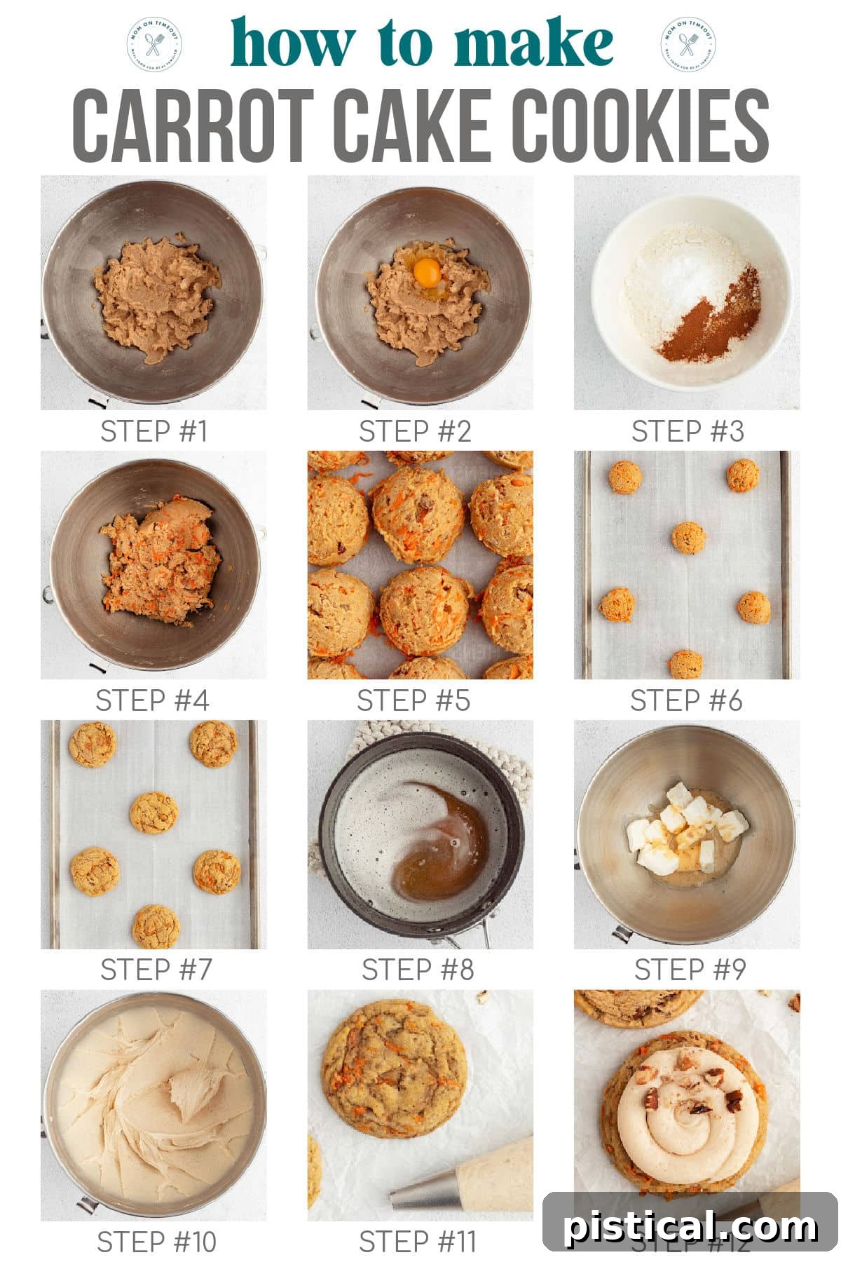 Cream Cheese Frosted Carrot Cookies 5 A comprehensive 12-image collage illustrating each step of the Carrot Cake Cookies recipe, from mixing ingredients to the final baked cookie.