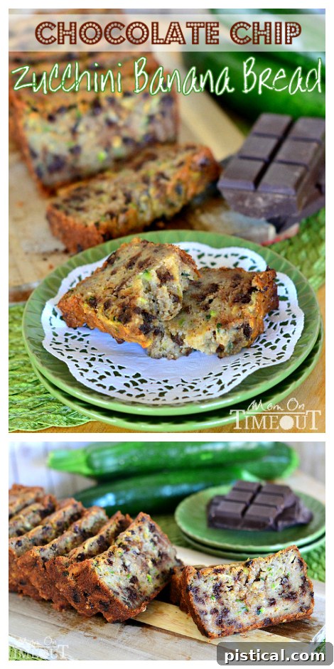 Overhead shot of a sliced Chocolate Chip Zucchini Banana Bread loaf, with individual slices visible.