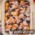 Top down look at croissant french toast bake in baking dish made with blueberries and topped with a dusting of powdered sugar.