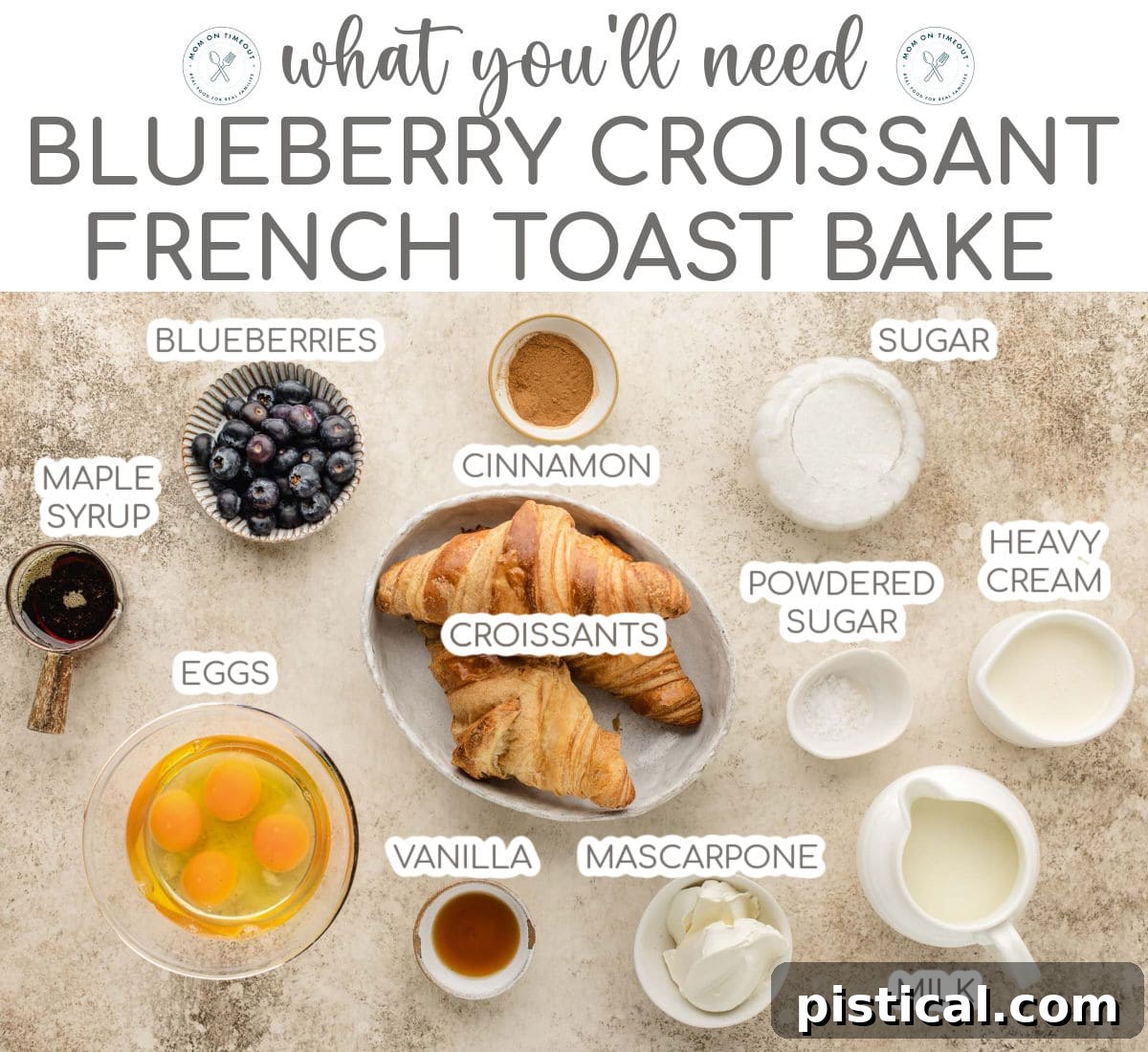 Luscious Blueberry Croissant French Toast Bake 5 Top down view of ingredients for blueberry croissant french toast bake measured out into small bowls ready to be used in the recipe. Text at the top of the image and each ingredient is labeled.