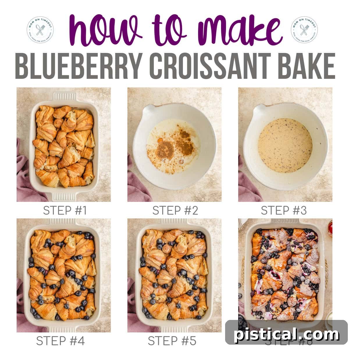Luscious Blueberry Croissant French Toast Bake 6 Six image collage showing how to make blueberry croissant french toast bake recipe. Title at top of image.