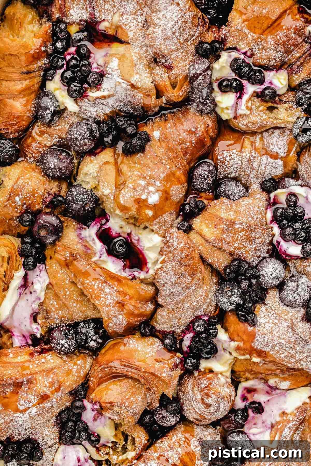 Luscious Blueberry Croissant French Toast Bake 9 Close up look at french toast bake made with croissants and blueberries in baking dish.