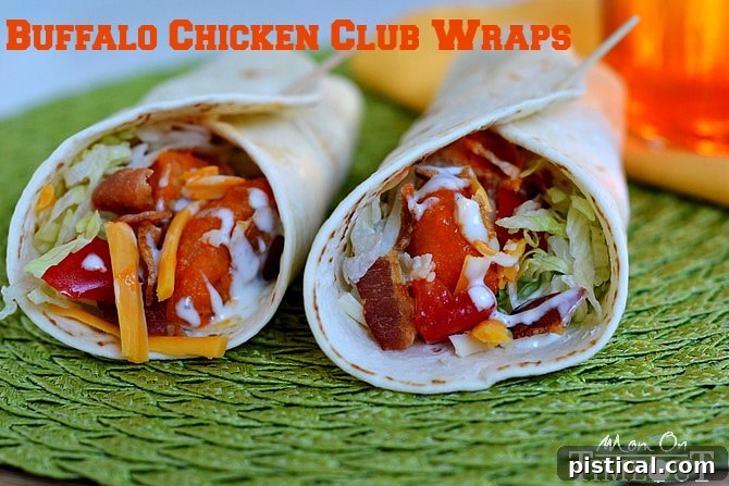 Close-up of a delicious Buffalo Chicken Club Wrap, packed with Tyson chicken, bacon, cheese, lettuce, and ranch. Perfect for an easy family dinner.