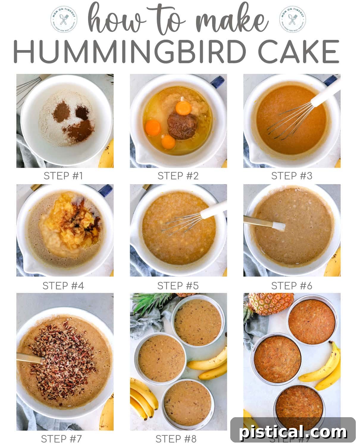A nine-image collage illustrating the step-by-step process of how to make Hummingbird Cake, clearly titled at the top of the image for easy understanding.