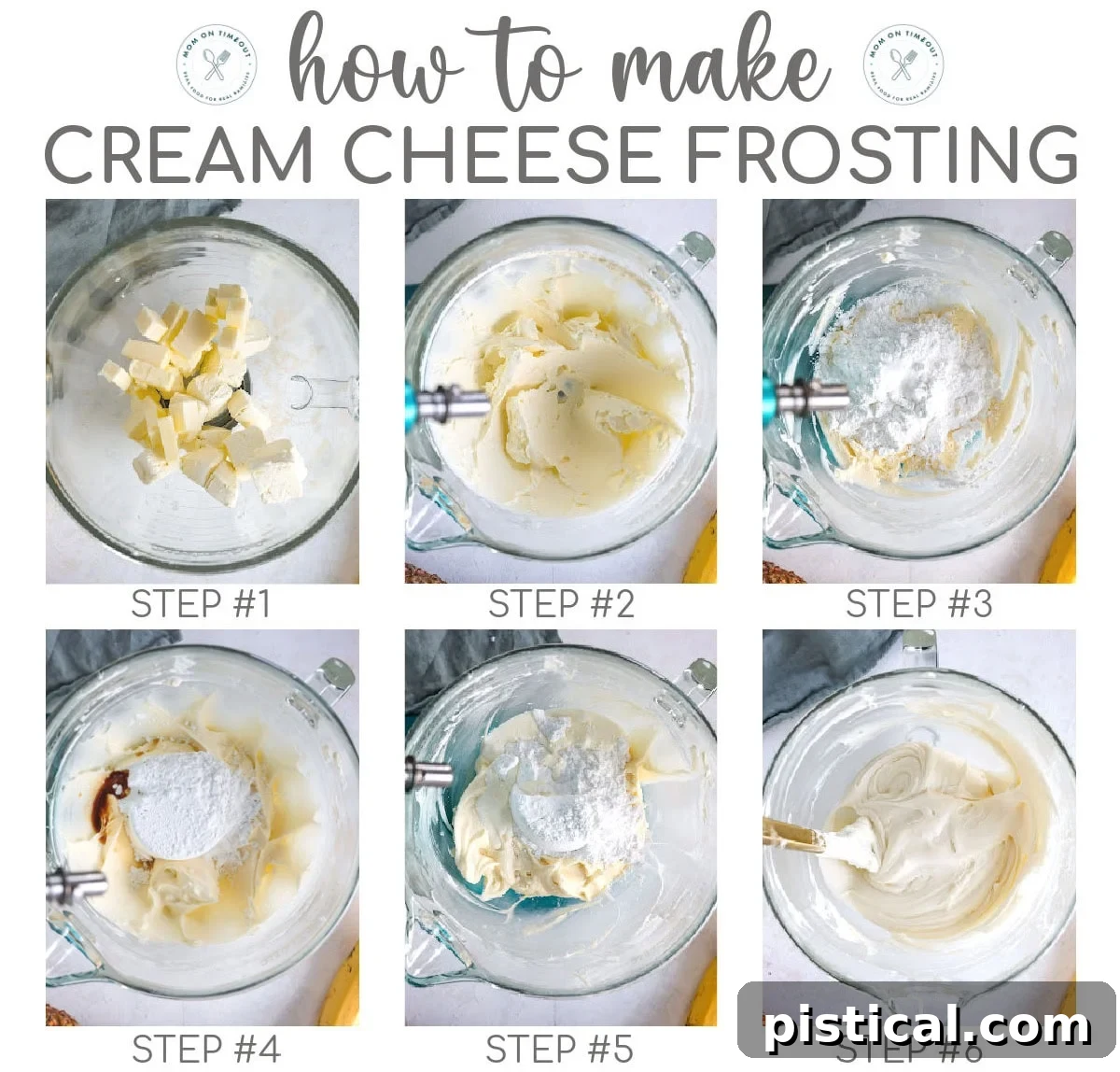 A six-image collage providing a visual guide on how to prepare the luscious cream cheese frosting, specifically for the Hummingbird Cake.