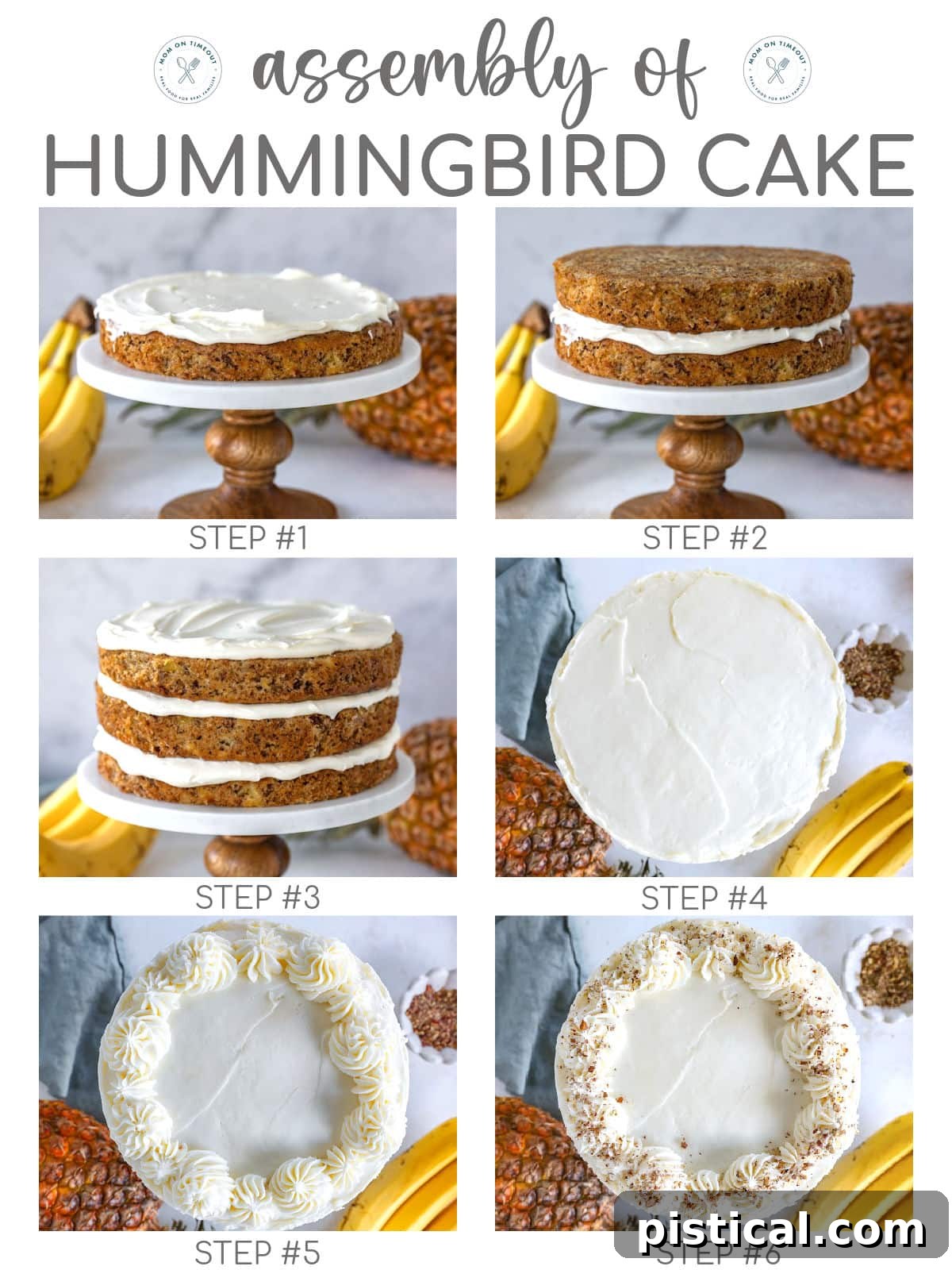 A six-image collage illustrating the comprehensive process of how to assemble and elegantly decorate the Hummingbird Cake, guiding the baker through each step.