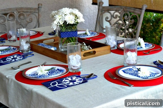 Beautifully decorated Labor Day outdoor dining table, ready for guests