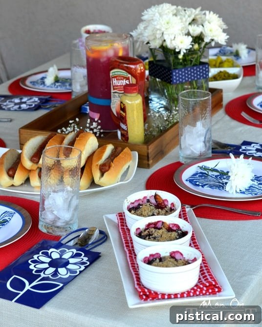 Complete Labor Day tablescape featuring food and decor for a party