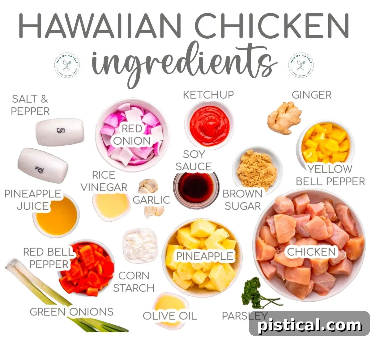 Pineapple Glazed Island Chicken 4 Hawaiian chicken ingredients collage showing all the ingredients measured out and ready to be used in the recipe, with a title overlay.