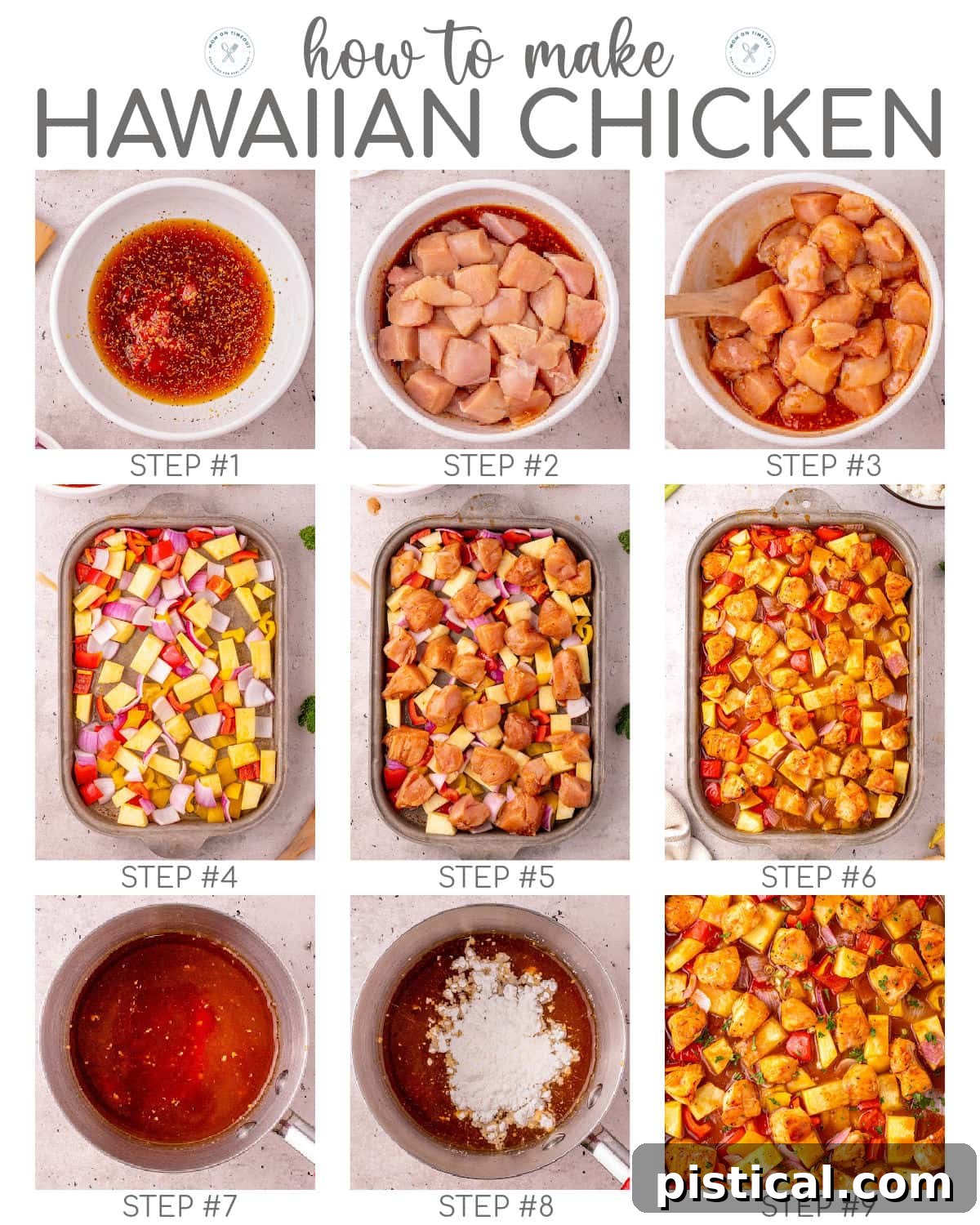 Pineapple Glazed Island Chicken 5 Nine image collage showing how to make Hawaiian Chicken recipe step by step, from marinating to roasting to serving. Text overlay at the top.