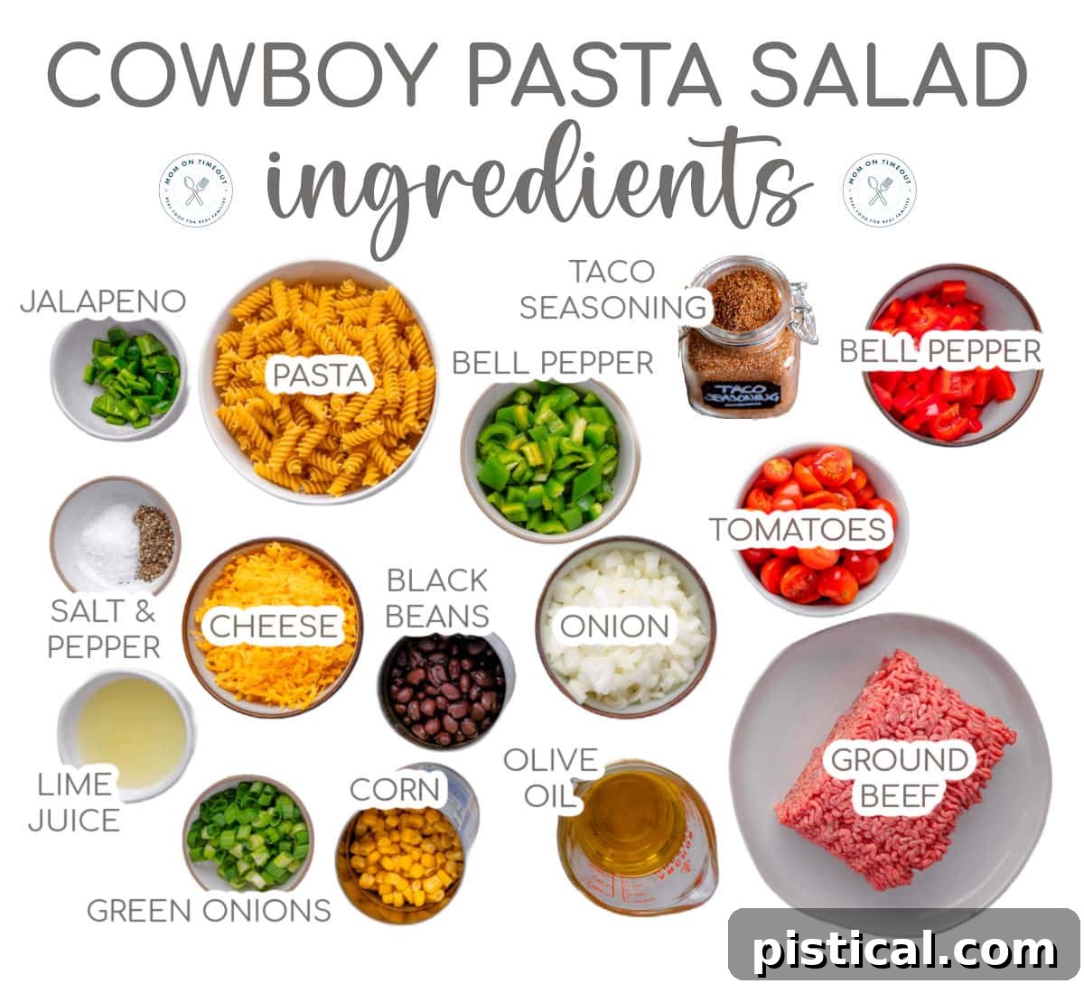 Ranch Hand Pasta Salad 4 An organized display of Cowboy Pasta Salad ingredients, neatly measured out into small bowls and arranged, ready for assembly in the recipe. Includes pasta, ground beef, various vegetables, and dressing components.