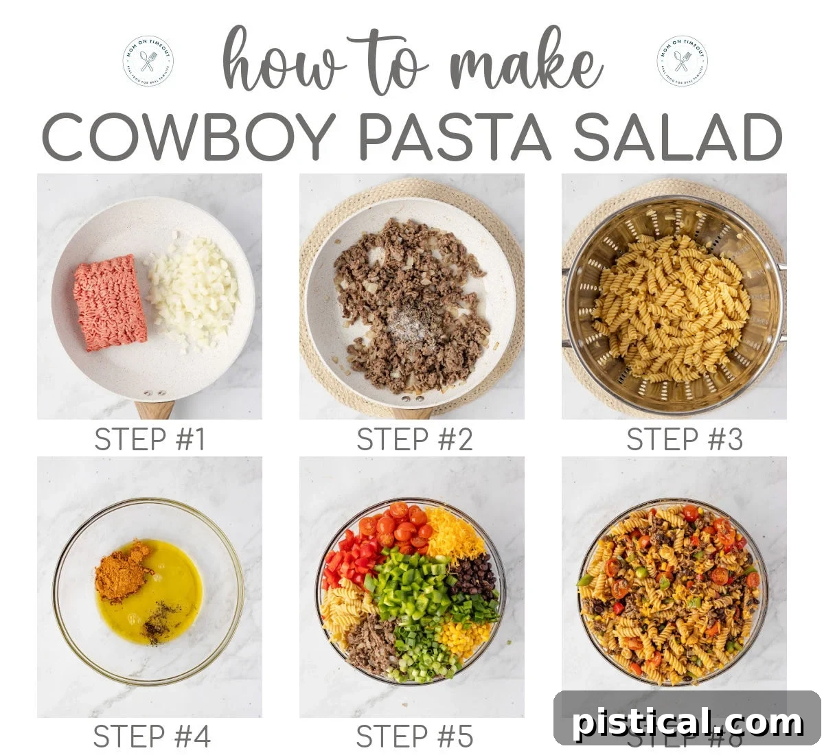 Ranch Hand Pasta Salad 6 A six-image collage illustrating the step-by-step process of making the Cowboy Pasta Salad recipe. Each image depicts a crucial stage, from ingredient prep to final assembly, guiding the cook through the recipe visually.