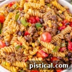 Ranch Hand Pasta Salad 9 Big serving bowl of Cowboy Pasta Salad ready to be served. A plate of the salad can be seen in the background along with a few limes.