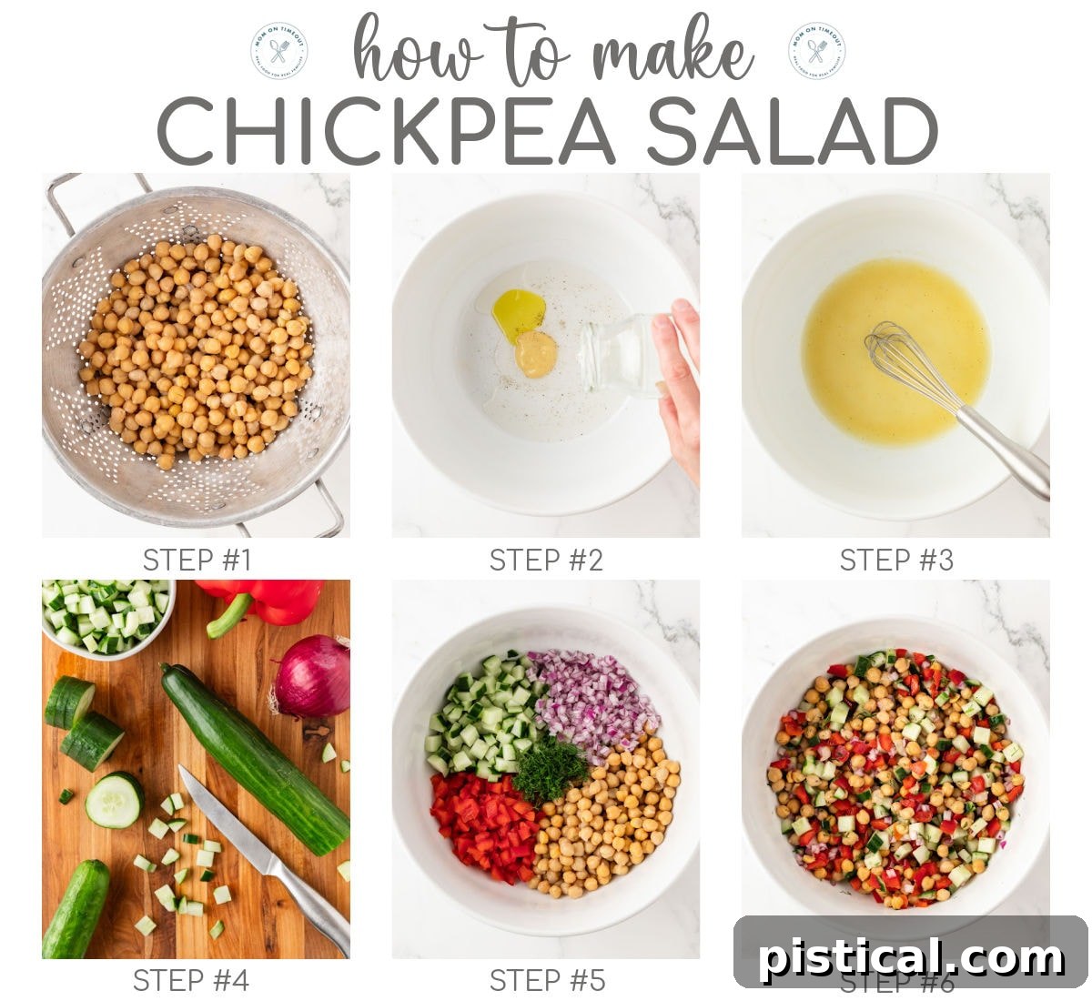 Six image collage showing how to make chickpea salad step by step. Text overlay at top of image. 
