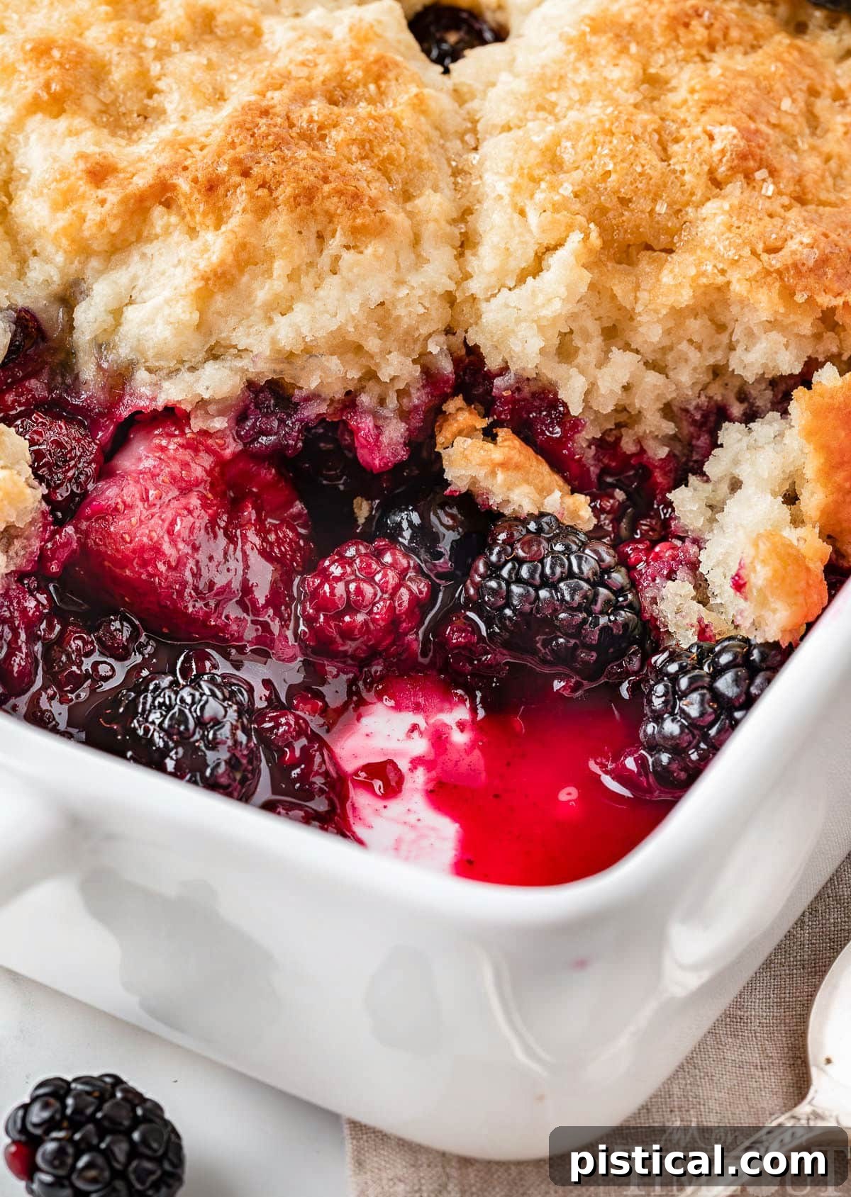 Rustic Berry Bake 3 Angled view of the Mixed Berry Cobbler in a white baking dish, showing the vibrant berries peeking through the golden biscuit topping.
