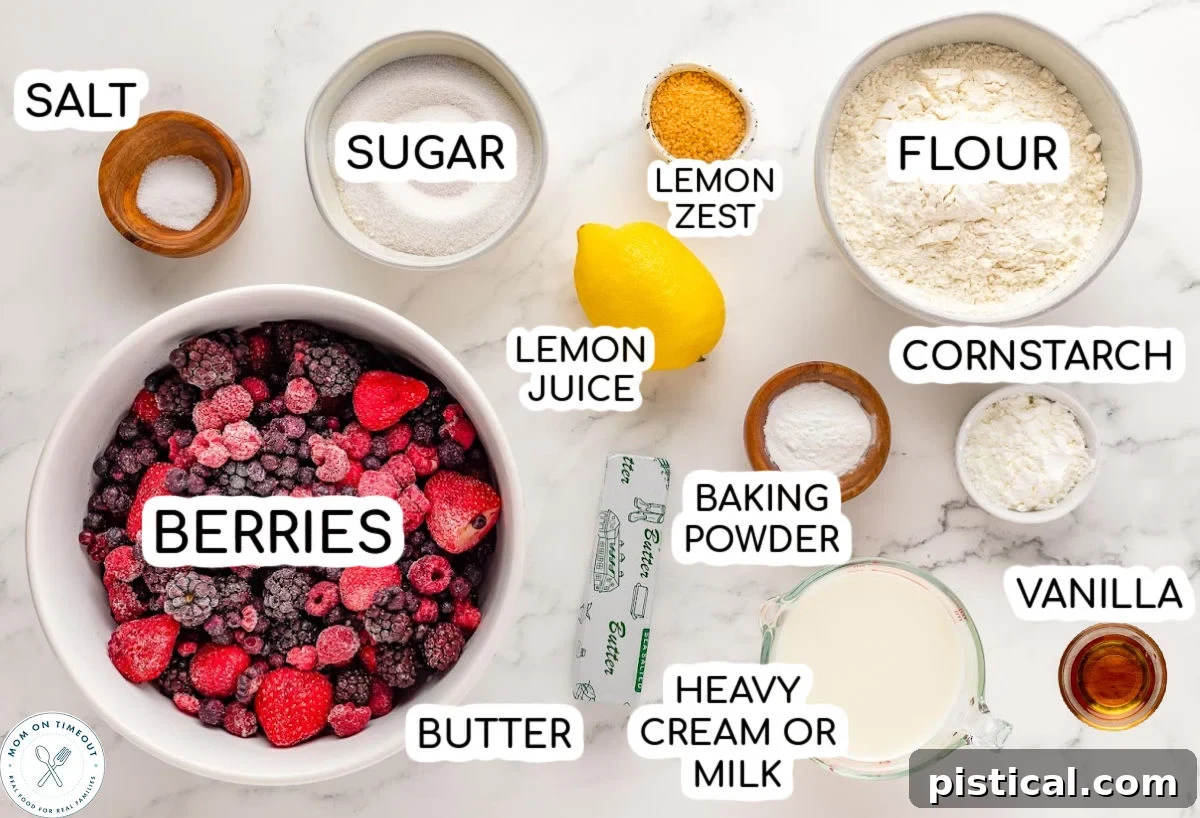Rustic Berry Bake 4 All the Berry Cobbler ingredients meticulously measured out in small bowls, ready for preparation.