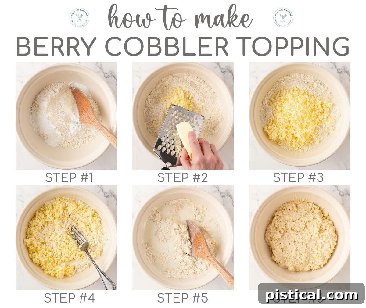 Rustic Berry Bake 5 A six-image collage illustrating the step-by-step process of preparing the biscuit topping for the Berry Cobbler.