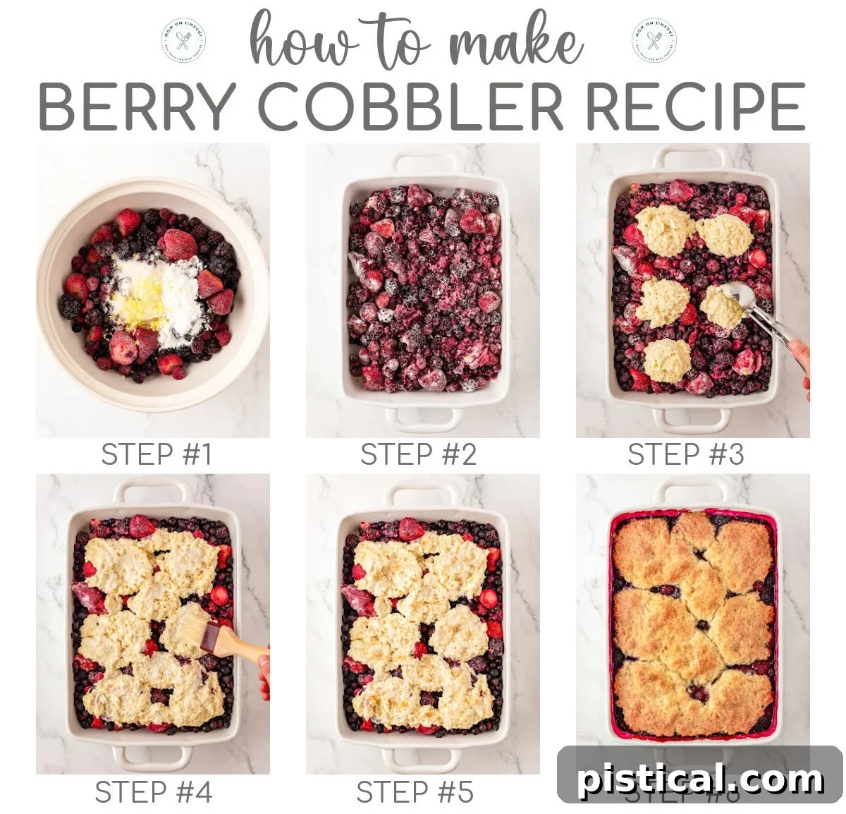 Rustic Berry Bake 6 A six-image collage illustrating the assembly and baking process of the Berry Cobbler recipe.
