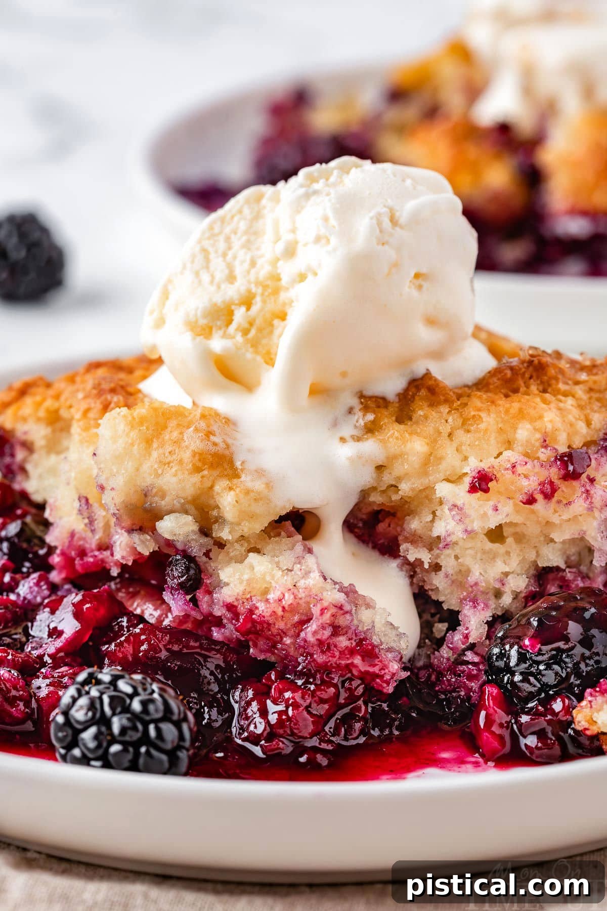 Rustic Berry Bake 8 Close-up view of a serving of Berry Cobbler on a plate, generously topped with vanilla ice cream, showing the rich texture of the fruit and biscuit.