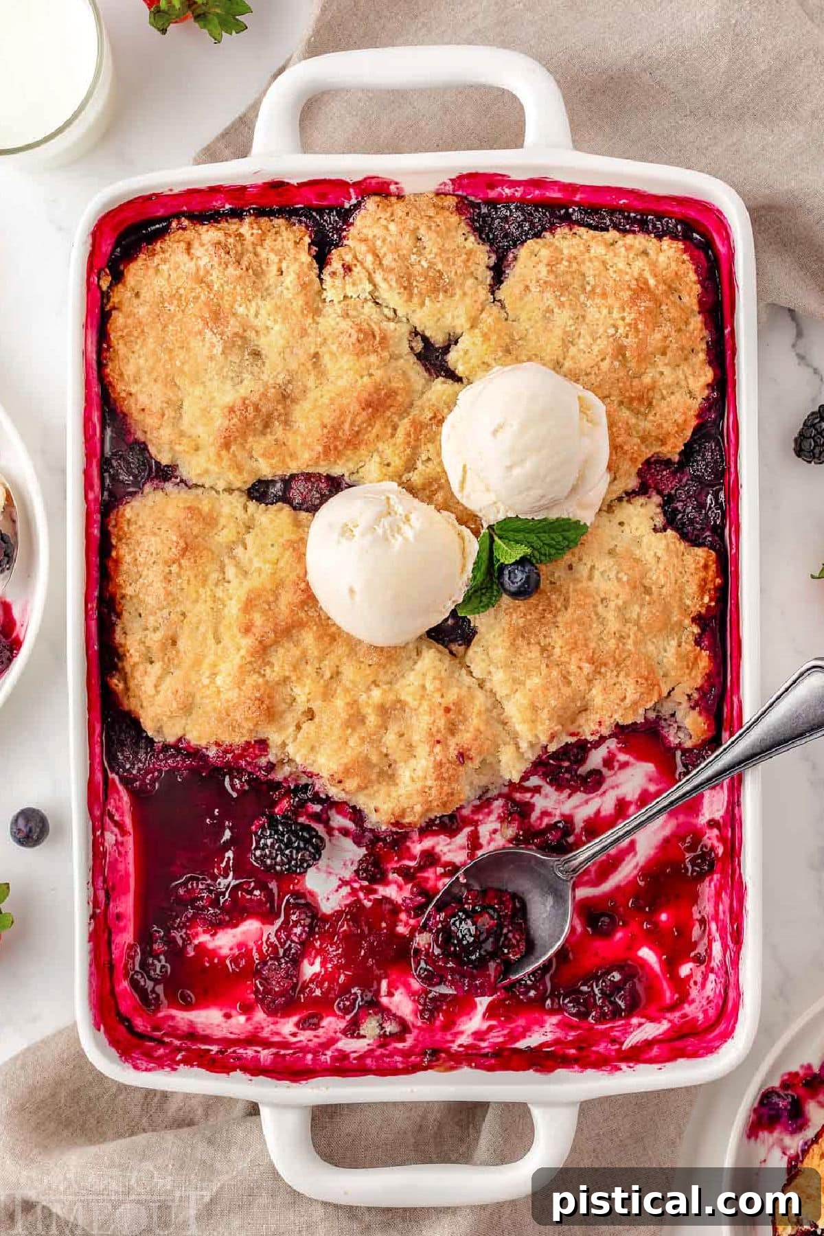 Rustic Berry Bake 9 Top-down shot of a Berry Cobbler in a white baking dish, with a few servings already removed. It's garnished with vanilla ice cream and fresh mint leaves.