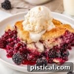 Berry cobbler served on white round plate and topped with vanilla ice cream. Baking dish with the rest of the berry cobbler recipe can be seen in the background.