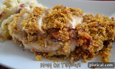 Delicious plated bleu cheese and bacon stuffed chicken.