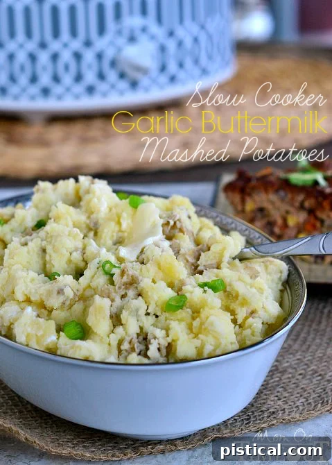 Creamy Slow Cooker Garlic Buttermilk Mashed Potatoes ready to serve