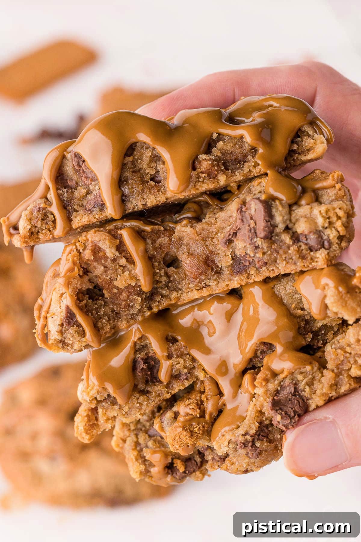 Ultimate Biscoff Chocolate Chip Cookies 2 Two biscoff cookies broken in half and topped with cookie butter held in a hand.