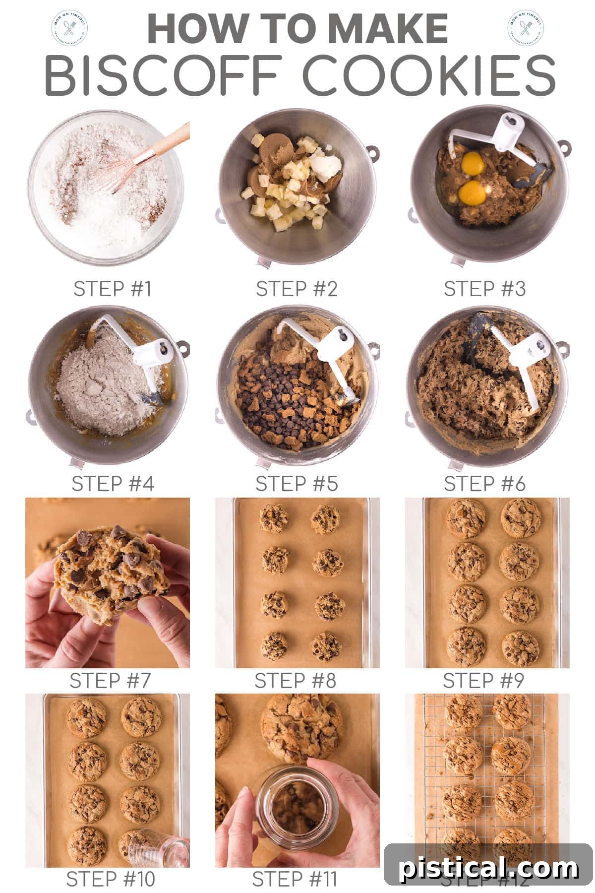 Ultimate Biscoff Chocolate Chip Cookies 5 Twelve image collage showing how to make biscoff chocolate chip cookies. Text overlay at top of image.