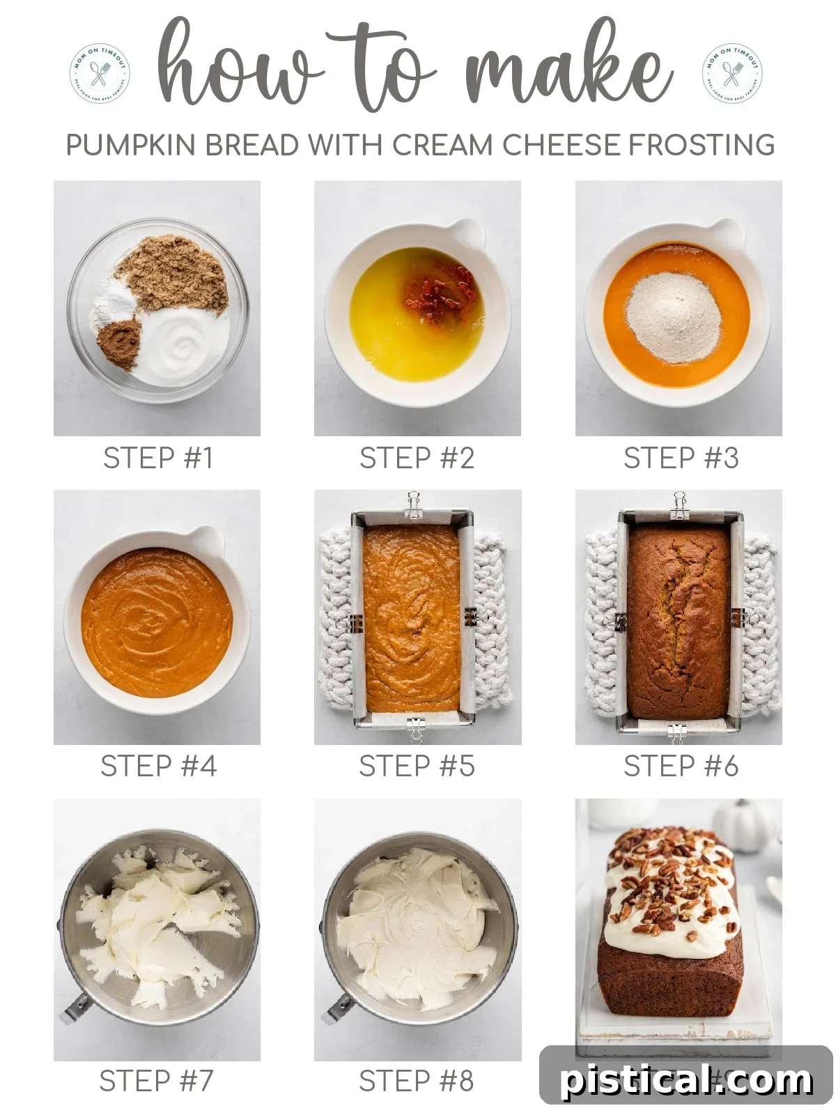 Nine image collage showing how to make pumpkin bread with cream cheese frosting