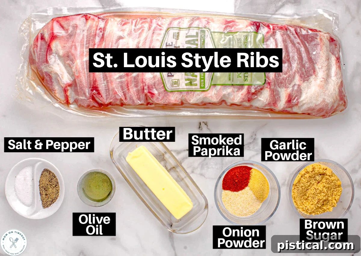 Overhead shot of ingredients for St Louis Ribs Party Ribs recipe. Text labels for each ingredient.