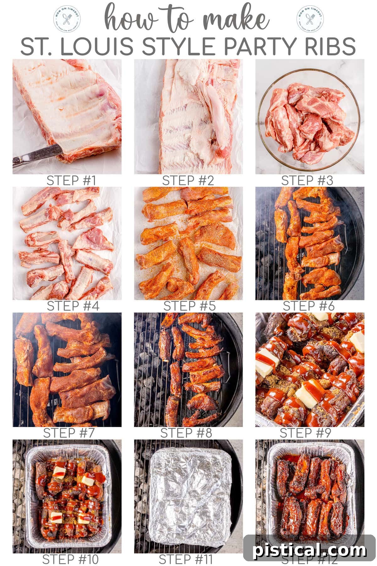 Twelve image collage showing how to make party ribs recipe. Text overlay at top of the image. 