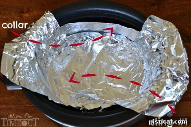 Foil collar and sling setup for even slow cooker meatloaf cooking