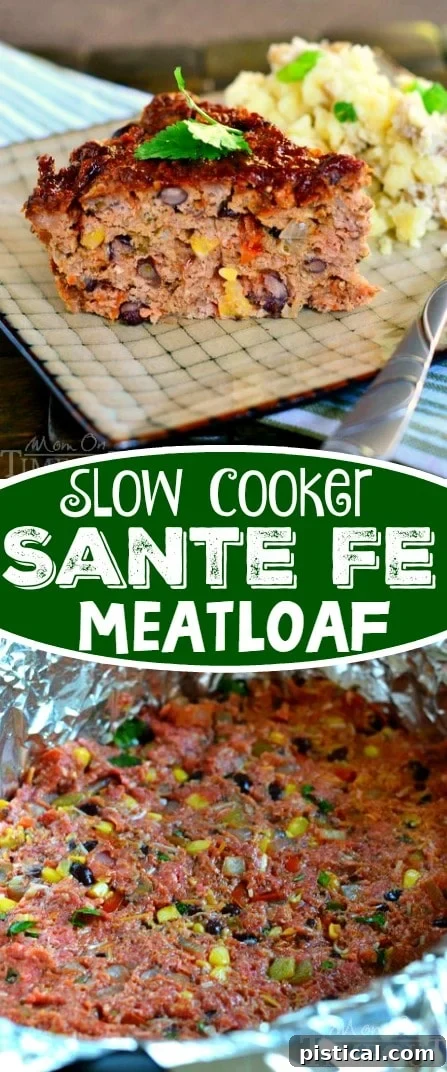 Close-up of Slow Cooker Santa Fe Meatloaf with rich texture and colorful ingredients, garnished with cilantro