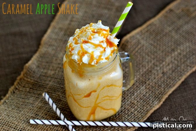 Close-up of a refreshing Caramel Apple Shake garnished with whipped cream and caramel drizzle. | MomOnTimeout.com