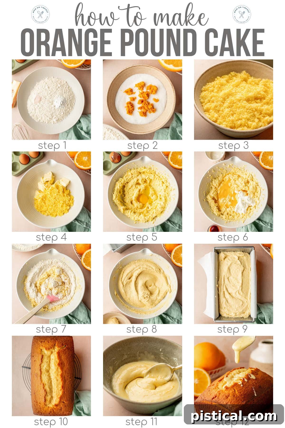 Zesty Orange Pound Cake 6 Twelve image graphic showing how to make orange pound cake step by step. Text overlay at top of image.