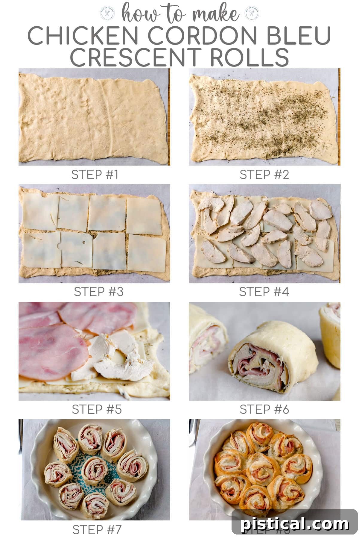 Eight image collage showing a step-by-step visual guide on how to assemble Chicken Cordon Bleu Crescent Rolls.