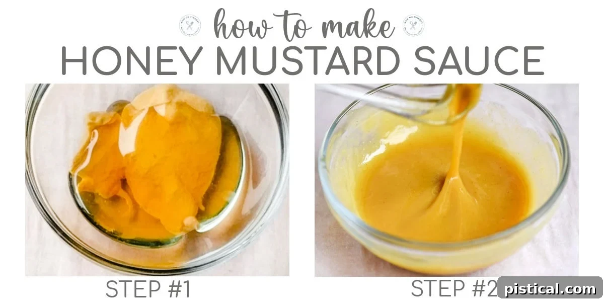 Two image collage demonstrating the simple steps to prepare the honey mustard dipping sauce.