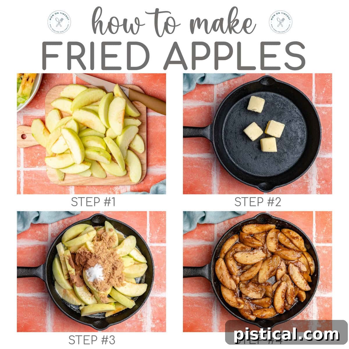 Four image graphic showing how to make fried apples step by step.