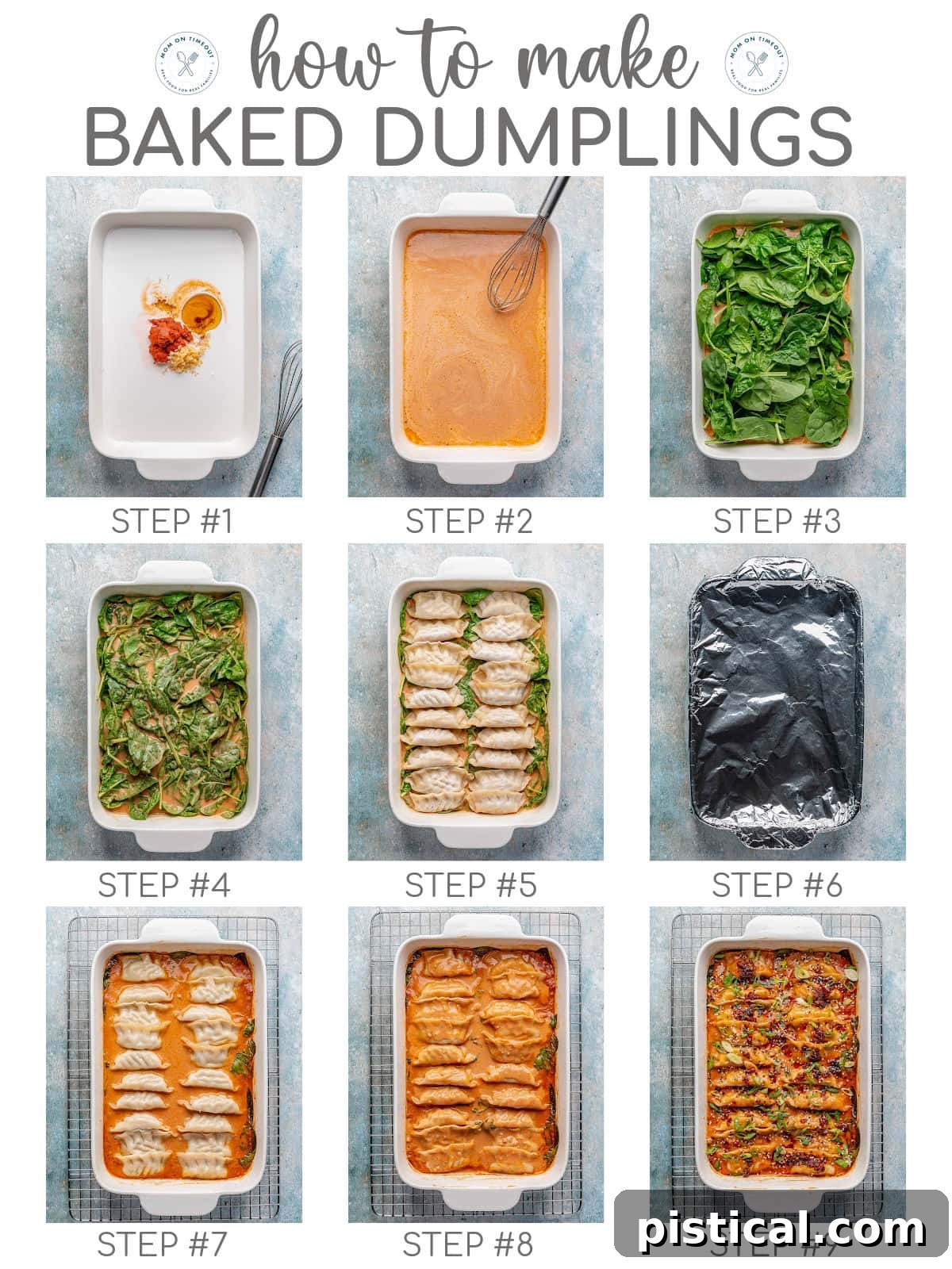 Crispy Sheet Pan Dumplings 6 A nine-panel graphic illustrating the step-by-step process of making baked dumplings, with a clear title overlay at the top, guiding users through each stage.