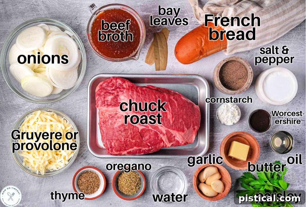 Overhead shot of all measured ingredients for French Onion Pot Roast laid out on a white surface, including chuck roast, sliced onions, garlic, herbs, beef broth, and cheese.