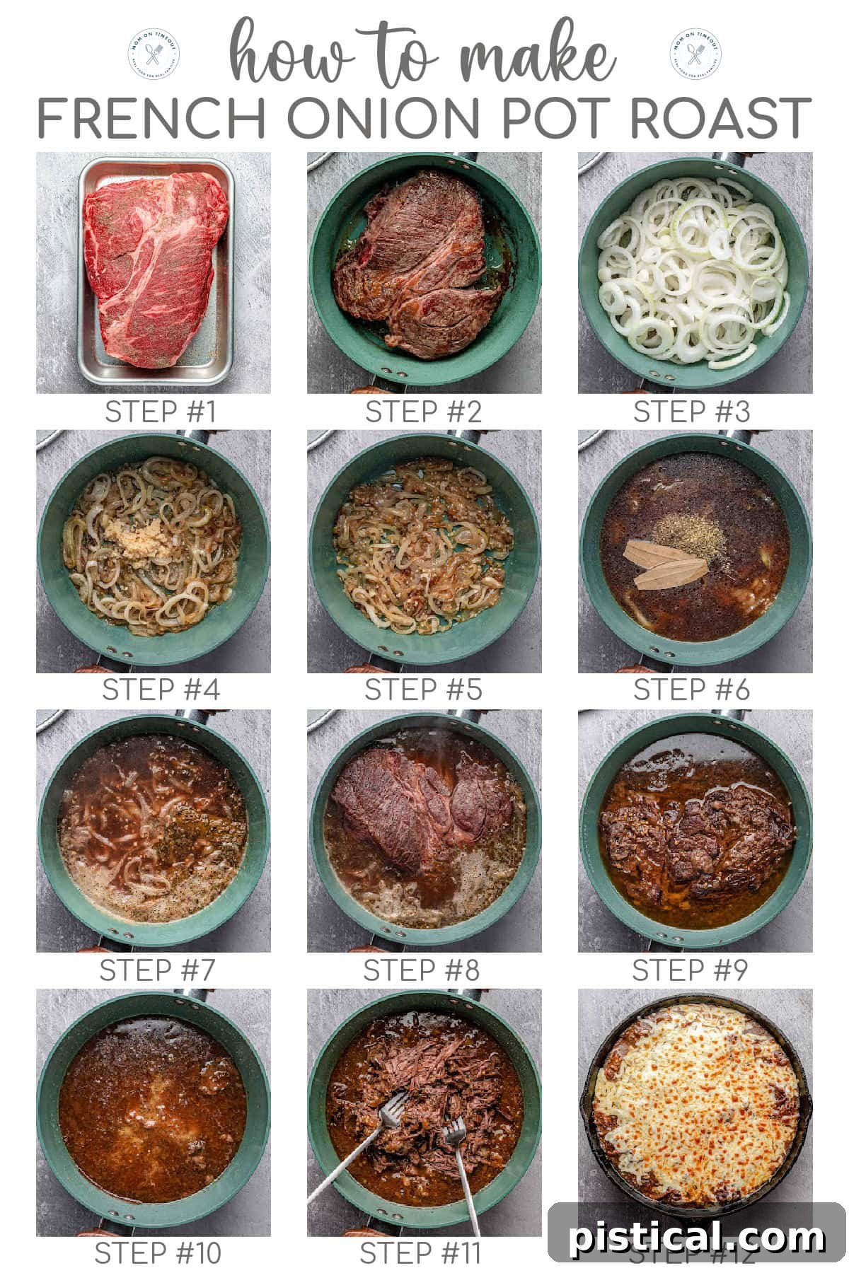 A graphic displaying twelve sequential images showing the step-by-step process of making French Onion Pot Roast, from searing the beef to adding the cheese topping.
