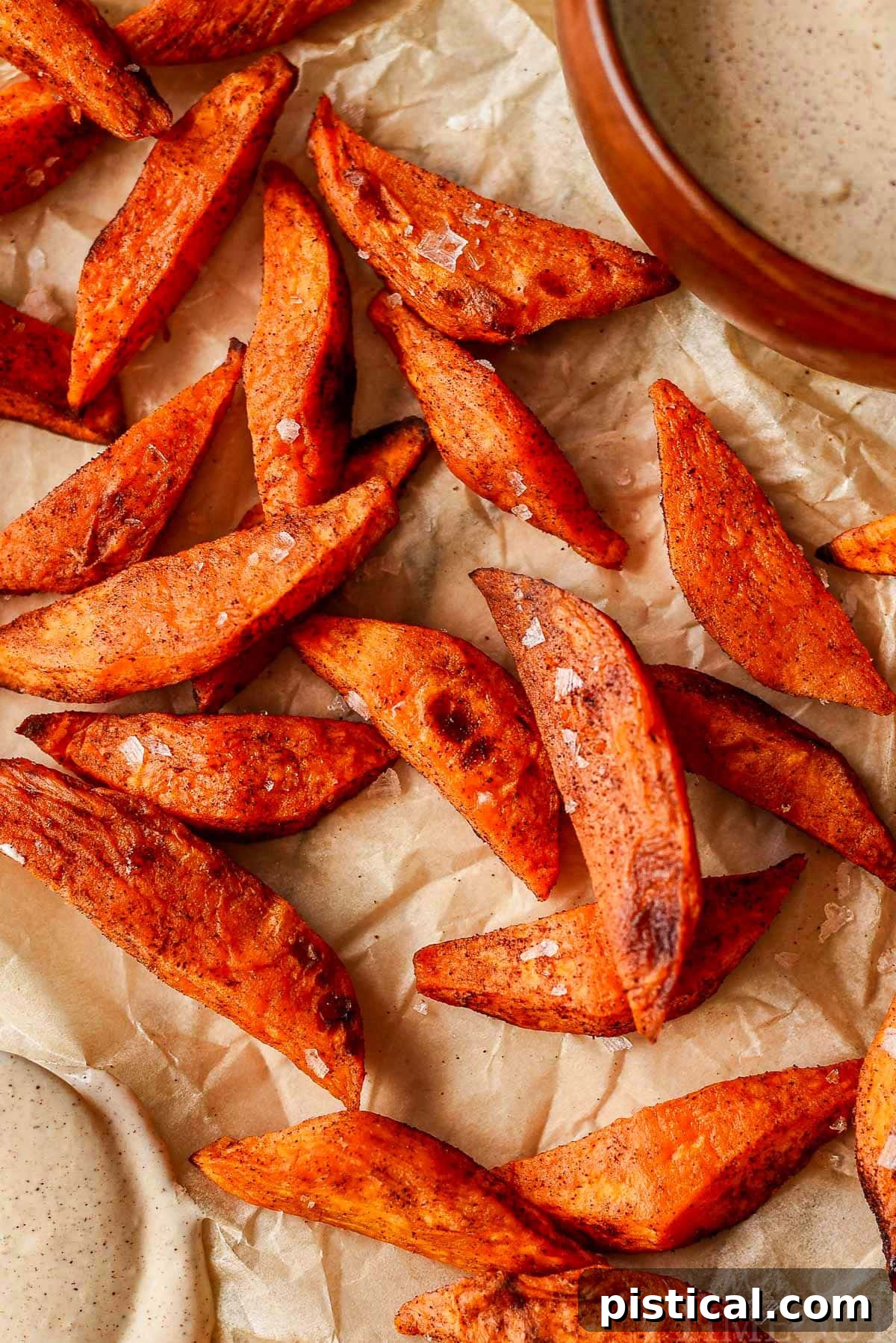Overhead shot of perfectly roasted sweet potato wedges on a parchment-lined baking sheet, lightly sprinkled with sea salt for enhanced flavor and texture.