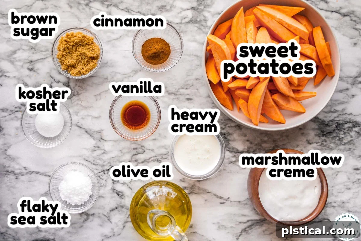Overhead shot of individual sweet potato wedge ingredients neatly arranged in small bowls, ready for preparation.