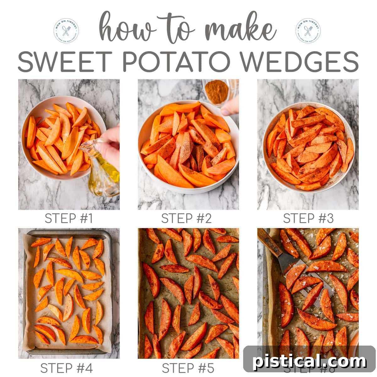 A six-image graphic illustrating the step-by-step process of preparing sweet potato wedges, from cutting to seasoning and baking.